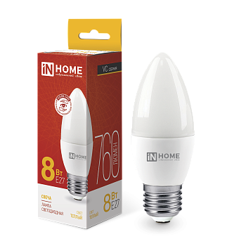 Лампа светодиодная LED-СВЕЧА-VC 8Вт 230В Е27 3000К 760Лм IN HOME в Чите