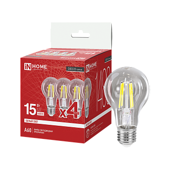 Лампа светодиодная LED-A60-deco 4PACK 15Вт 230В Е27 4000К 1480Лм (4шт./упак) прозрачная IN HOME в Чите