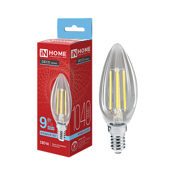 Лампа светодиодная LED-СВЕЧА-deco 9Вт 230В Е14 6500К 1040Лм прозрачная IN HOME в Чите