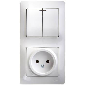 Выключатель двухклавишный с розеткой Glossa SE с подсветкой белый в Чите