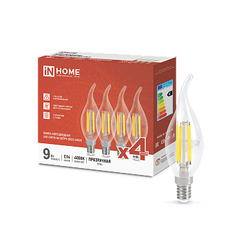 Лампа светодиодная LED-СВЕЧА НА ВЕТРУ-deco 4PACK 9Вт 230В Е14 4000К 1040Лм (4шт./упак) прозрачная IN HOME в Чите