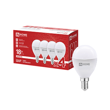 Лампа светодиодная LED-ШАР-VC 4PACK 18Вт 230В Е14 4000К 1620Лм (4шт./упак) IN HOME в Чите
