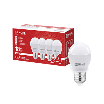 Лампа светодиодная LED-ШАР-VC 4PACK 18Вт 230В Е27 4000К 1620Лм (4шт./упак) IN HOME в Чите