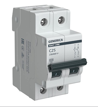 Автоматический выключатель ВА47-29М 2P 25А 4,5кА характеристика C GENERICA в Чите