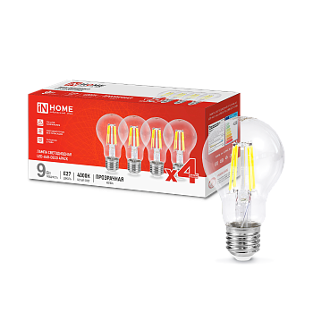 Лампа светодиодная LED-A60-deco 4PACK 9Вт 230В Е27 4000К 1040Лм (4шт./упак) прозрачная IN HOME в Чите
