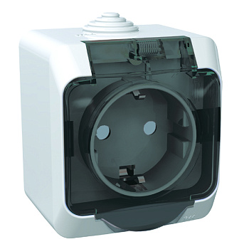 Розетка одинарная ЭТЮД SE накладная со шторками c крышкой с заземлением белая в Чите