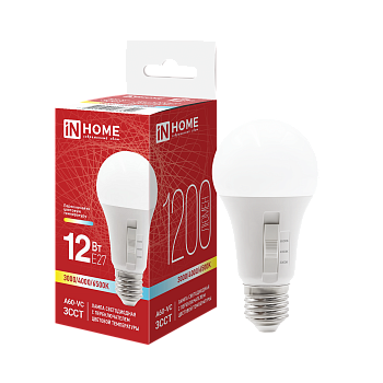 Лампа светодиодная LED-A60-VC 12Вт 230В Е27 1200Лм 3ССТ 3000/4000/6500К с переключателем на лампе IN HOME в Чите