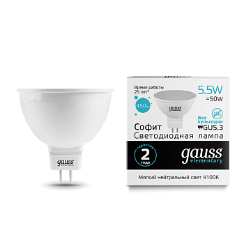 Лампа светодиодная LED-MR16 GU5.3 5.5Вт 4100К 450Лм Elementary GAUSS в Чите