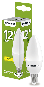 Лампа LED C35 свеча 12Вт 230В 3000К E14 GENERICA в Чите
