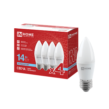 Лампа светодиодная LED-СВЕЧА-VC 4PACK 14Вт 230В Е27 6500К 1330Лм (4шт./упак) IN HOME в Чите