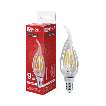 Лампа светодиодная LED-СВЕЧА НА ВЕТРУ-deco 9Вт 230В Е14 4000К 1040Лм прозрачная IN HOME в Чите