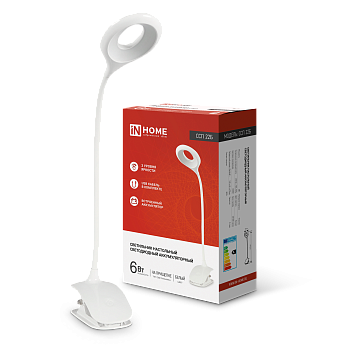 Светильник настольный светодиодный CRAFT ССП-22Б аккумулятор 6Вт 480Лм, сенсор-диммер, USB-кабель, на прищепке БЕЛЫЙ IN HOME в Чите