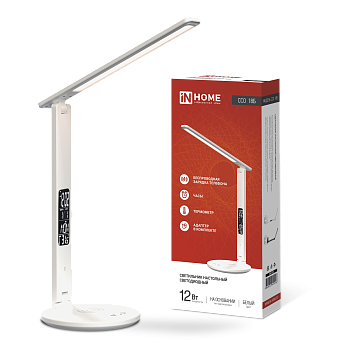 Светильник настольный светодиодный PLUS ССО-18Б 12Вт 3000-6500К 600Лм сенсор, с беспроводной зарядкой, часы, температура, с адаптером БЕЛЫЙ IN HOME в Чите