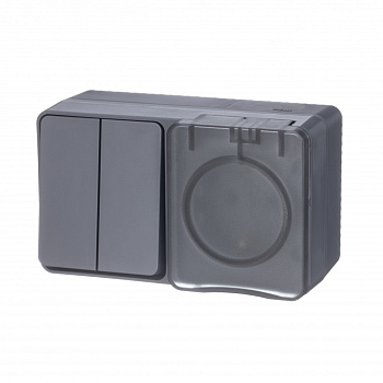 Выключатель двухклавишный с розеткой AtlasDesign SE Profi54 с заземлением со шторкой с крышкой накладной антрацит в Чите