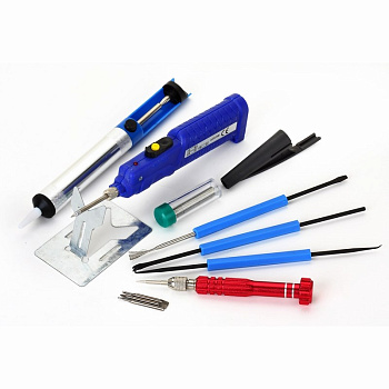 Набор для пайки (паяльник 8Вт, оловоотсос, подставка, припой, отвертка, инструмент для монтажа) REXANT в Чите