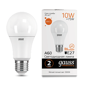Лампа светодиодная LED-A60 10Вт E27 3000K 880Лм Elementary GAUSS в Чите