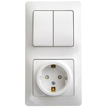 Выключатель двухклавишный с розеткой Glossa SE с заземлением со шторками белый в Чите