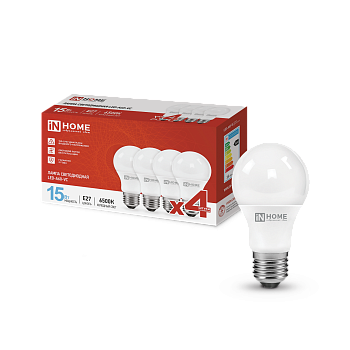 Лампа светодиодная LED-A60-VC 4PACK 15Вт 230В Е27 6500К 1430Лм (4шт./упак) IN HOME в Чите
