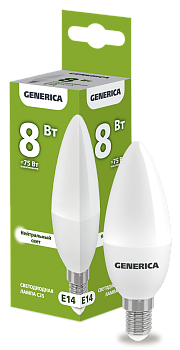Лампа LED C35 свеча 8Вт 230В 4000К E14 GENERICA в Чите