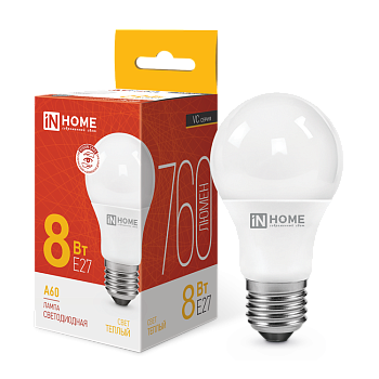 Лампа светодиодная LED-A60-VC 8Вт 230В Е27 3000К 760Лм IN HOME в Чите