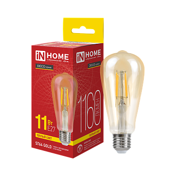 Лампа светодиодная LED-ST64-deco gold 11Вт 230В Е27 3000К 1160Лм золотистая IN HOME в Чите