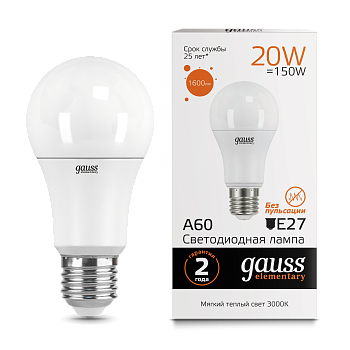Лампа светодиодная LED-A60 20Вт E27 3000K 1600Лм Elementary GAUSS в Чите