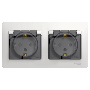 Розетка двойная Glossa SE IP44 с заземлением со шторками белая в сборе в Чите