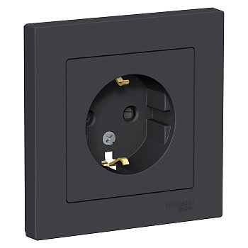 Розетка одинарная AtlasDesign SE с заземлением со шторками карбон в сборе в Чите