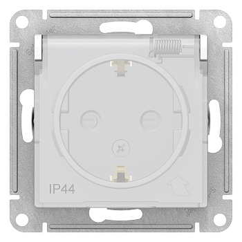 Розетка одинарная AtlasDesign AQUA IP44 SE с заземлением со шторками с крышкой белая в Чите