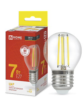 Лампа светодиодная LED-ШАР-deco 7Вт 230В Е27 3000К 810Лм прозрачная IN HOME в Чите