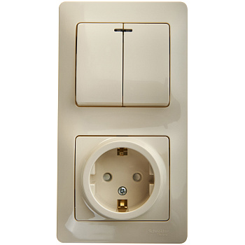 Выключатель двухклавишный с розеткой Glossa SE с заземлением со шторками с подсветкой бежевый в Чите