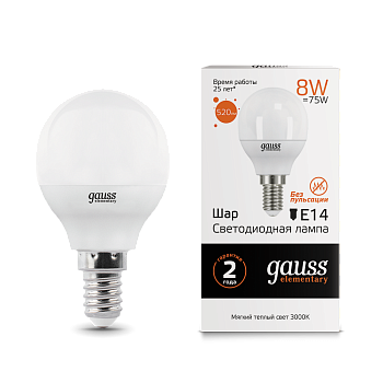 Лампа светодиодная LED-ШАР 8Вт E14 3000K 520Лм Elementary GAUSS в Чите