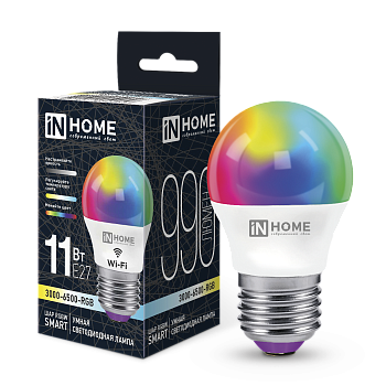 Лампа светодиодная LED-ШАР-RGBW-SMART 11Вт 230В Wi-Fi Е27 RGB-3000-6500К 990Лм IN HOME в Чите