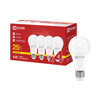 Лампа светодиодная LED-A60-VC 4PACK 25Вт 230В Е27 3000К 2380Лм (4шт./упак) IN HOME в Чите