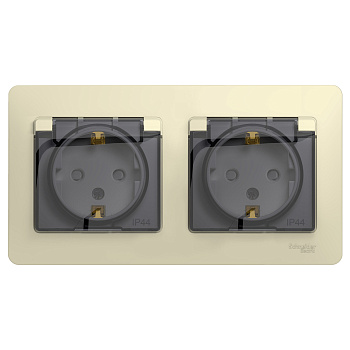 Розетка двойная Glossa SE IP44 с заземлением со шторками бежевая в сборе в Чите